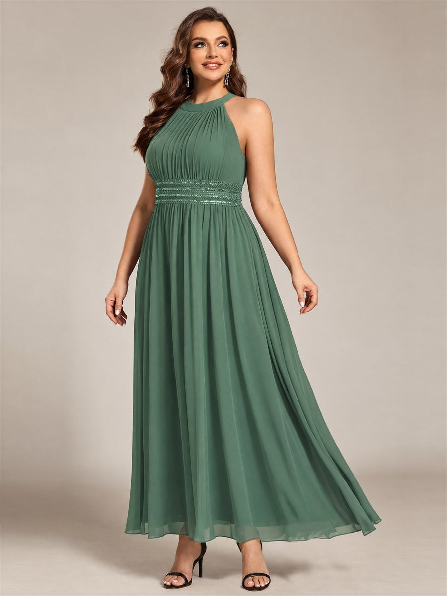 Robe A-Line sans manches à encolure corset en tissu non élastique longueur maxi #Couleur_Eukalyptus Grün