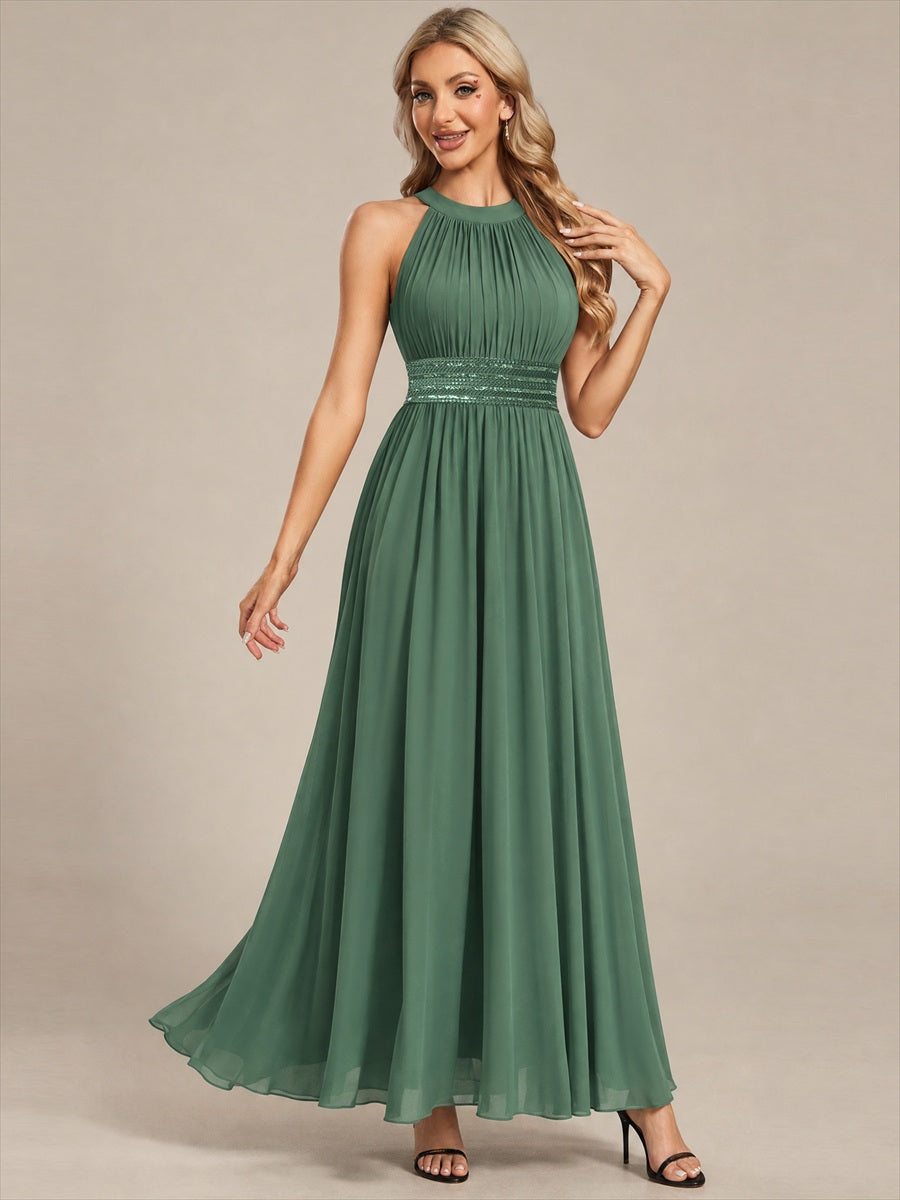 Robe A-Line sans manches à encolure corset en tissu non élastique longueur maxi #Couleur_Eukalyptus Grün