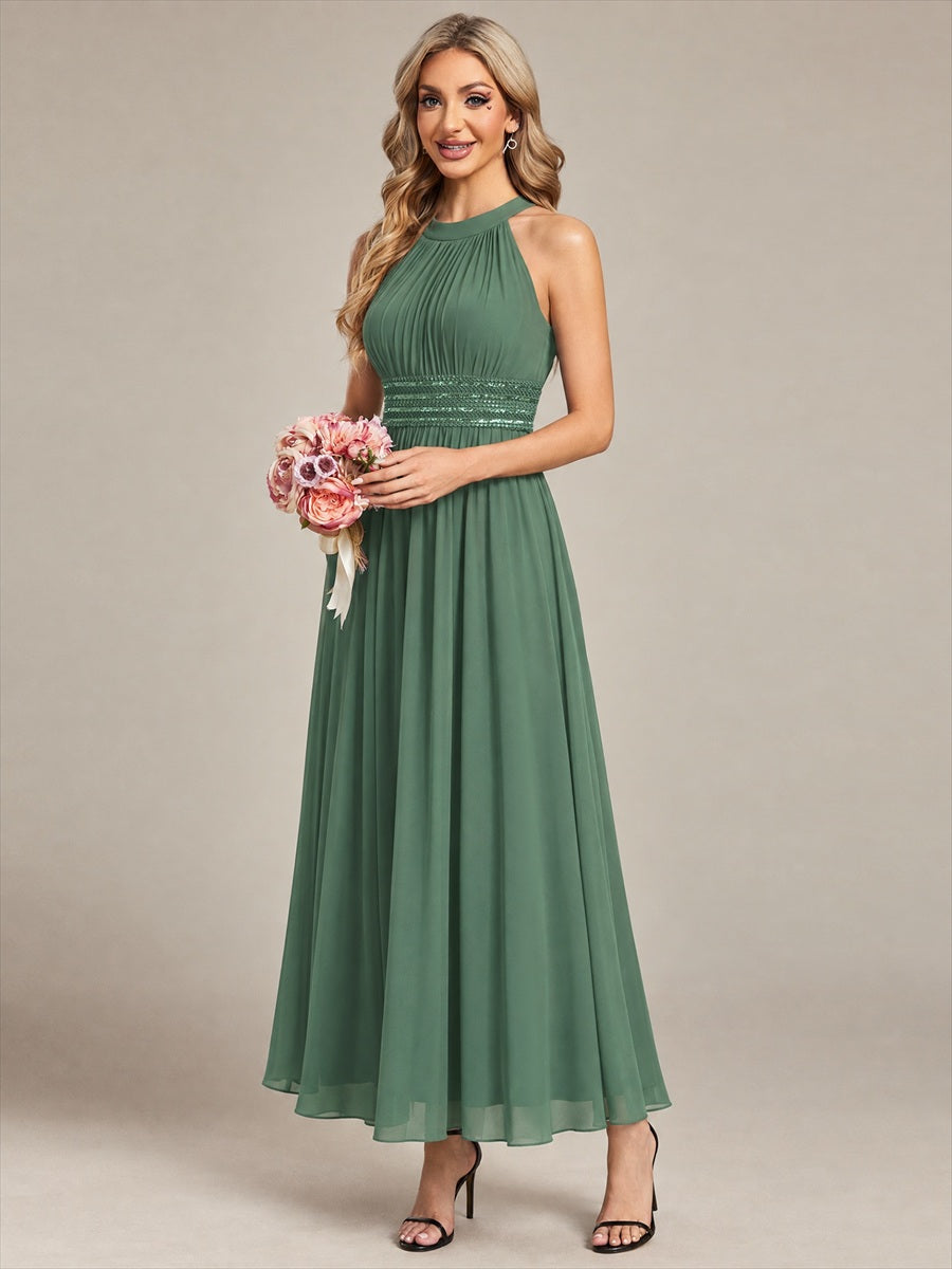 Robe A-Line sans manches à encolure corset en tissu non élastique longueur maxi #Couleur_Eukalyptus Grün
