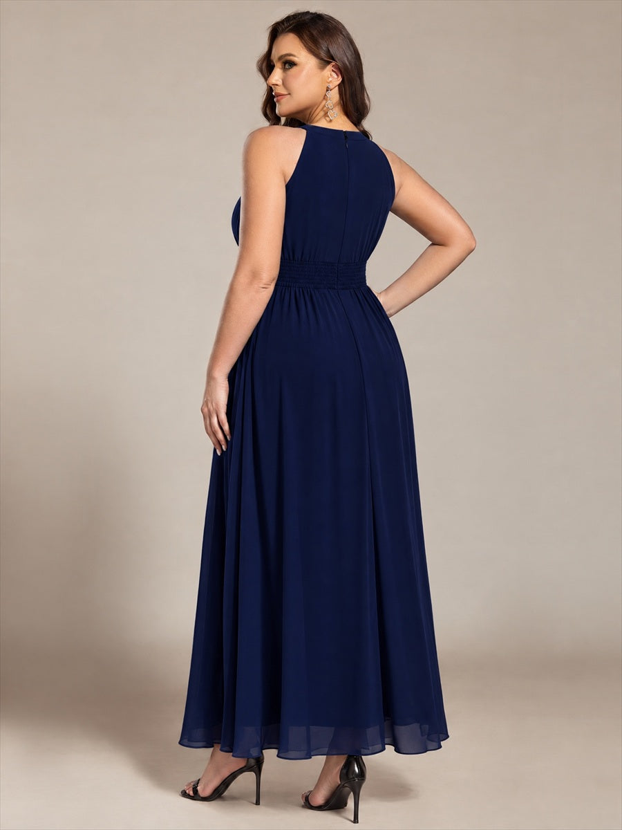 Robe A-Line sans manches à encolure corset en tissu non élastique longueur maxi #Couleur_Bleu Marine