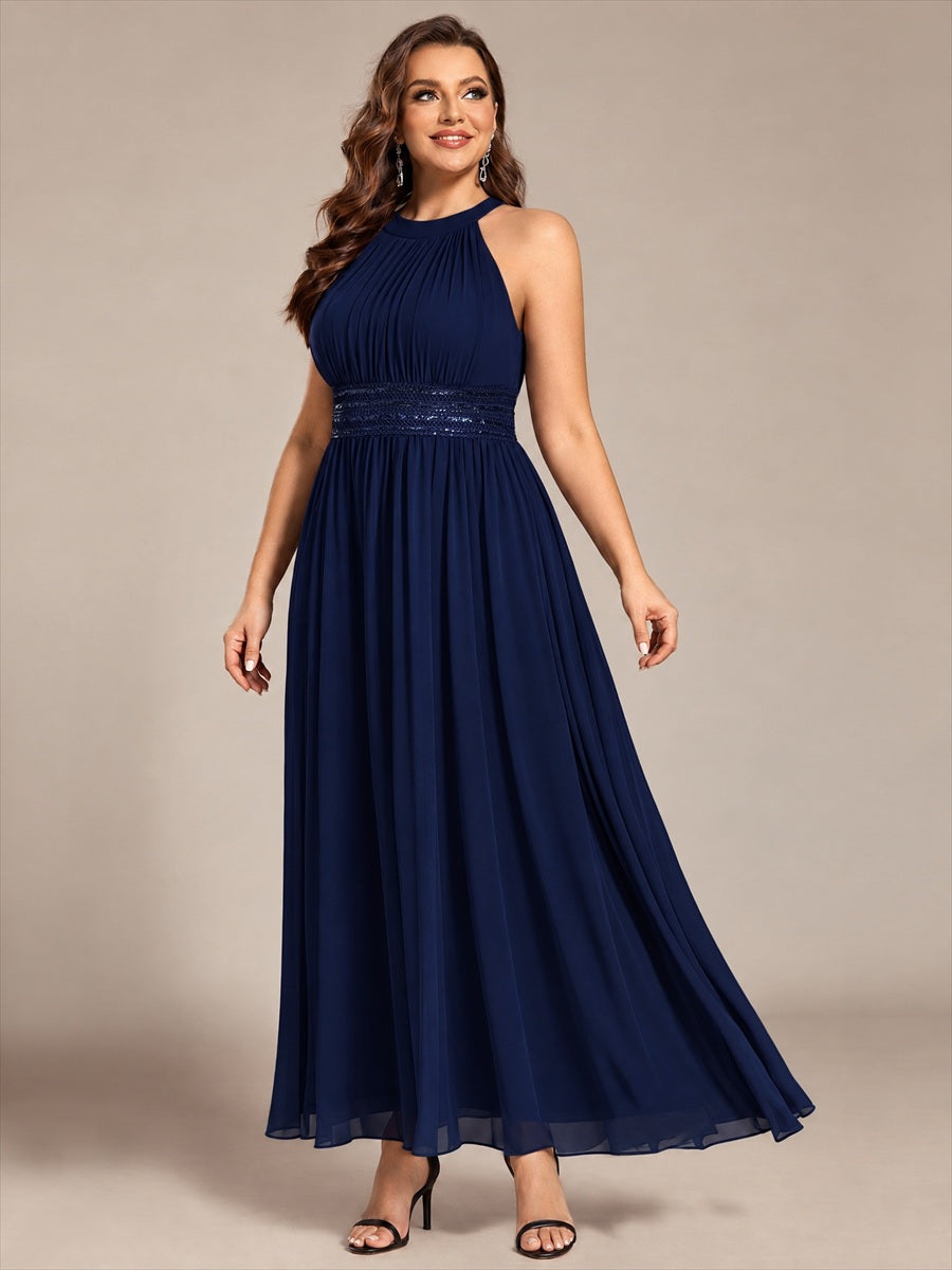 Robe A-Line sans manches à encolure corset en tissu non élastique longueur maxi #Couleur_Bleu Marine