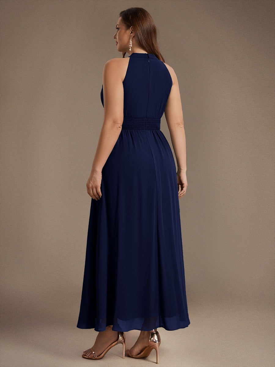 Robe A-Line sans manches à encolure corset en tissu non élastique longueur maxi #Couleur_Bleu Marine