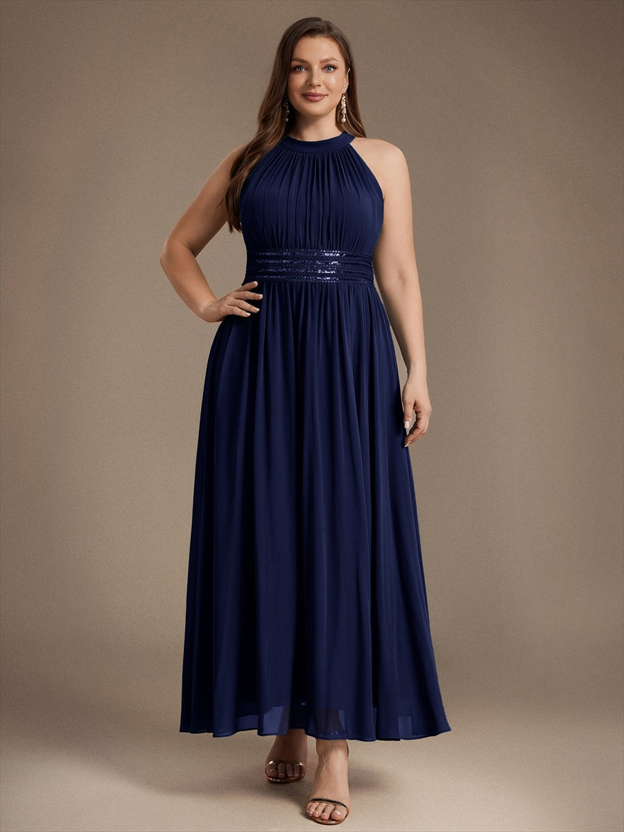 Robe A-Line sans manches à encolure corset en tissu non élastique longueur maxi #Couleur_Bleu Marine