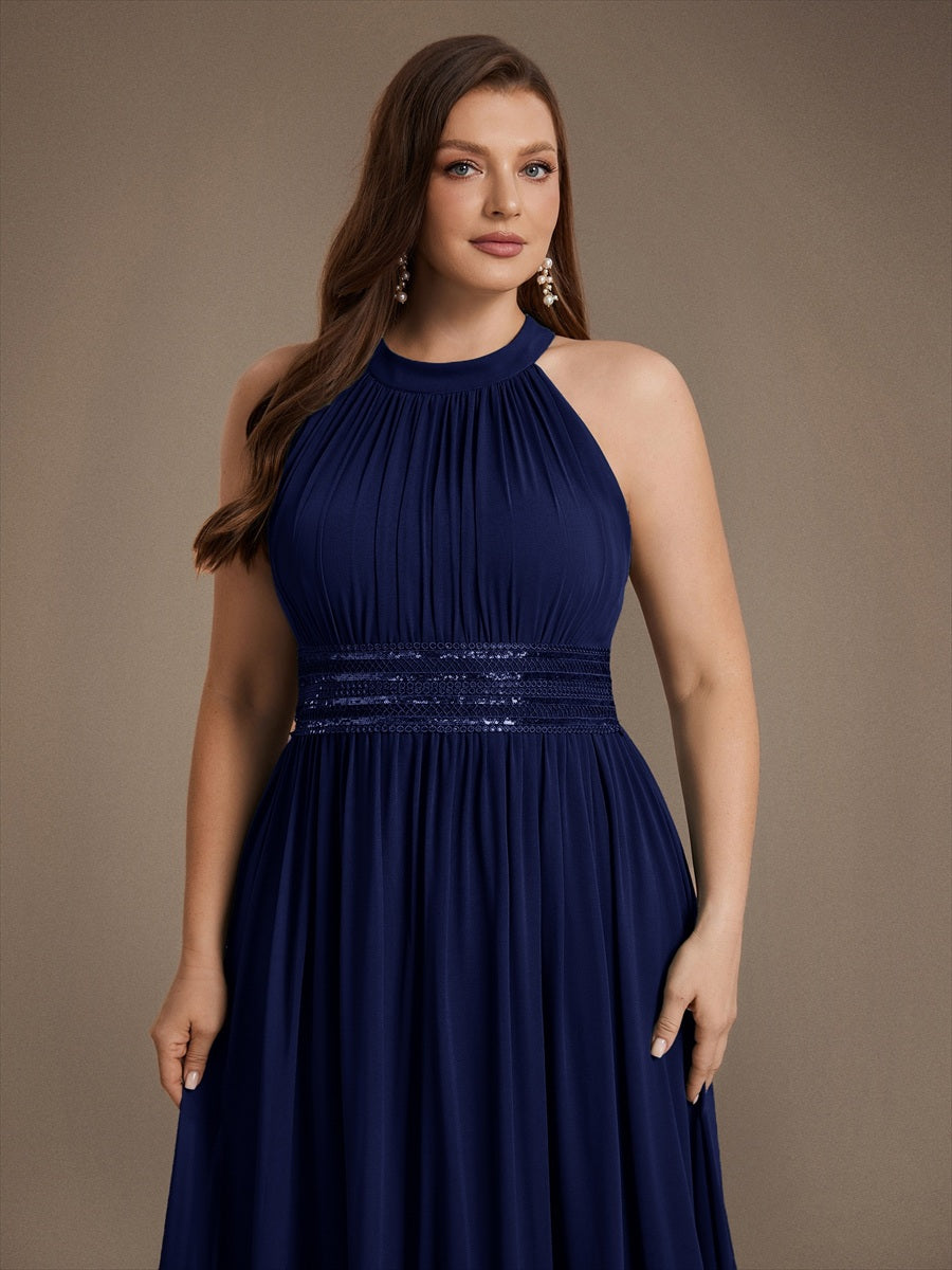 Robe A-Line sans manches à encolure corset en tissu non élastique longueur maxi #Couleur_Bleu Marine