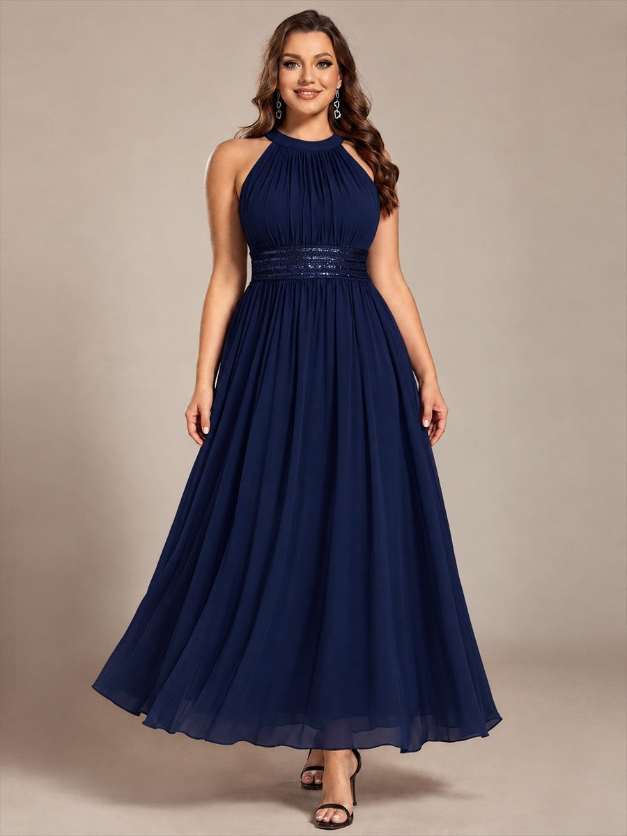 Robe A-Line sans manches à encolure corset en tissu non élastique longueur maxi #Couleur_Bleu Marine
