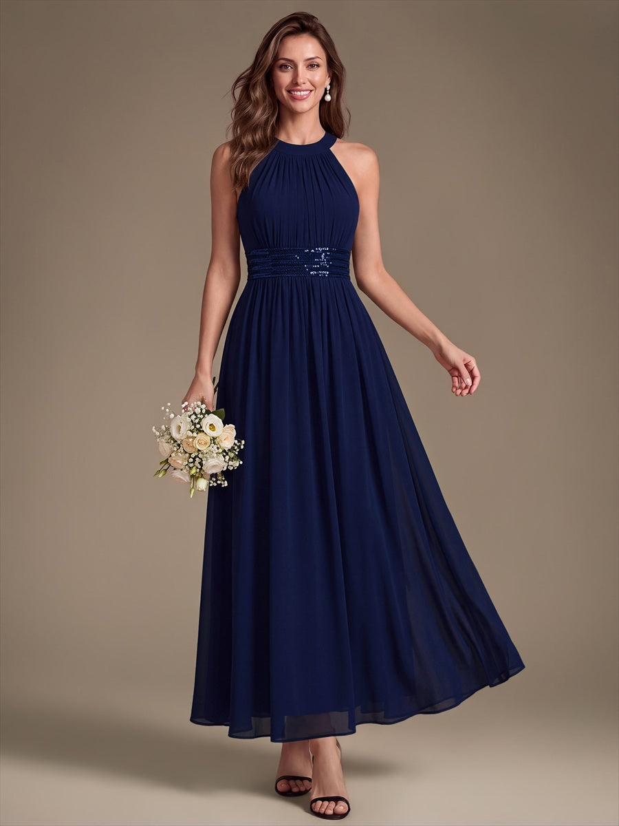 Robe A-Line sans manches à encolure corset en tissu non élastique longueur maxi #Couleur_Bleu Marine