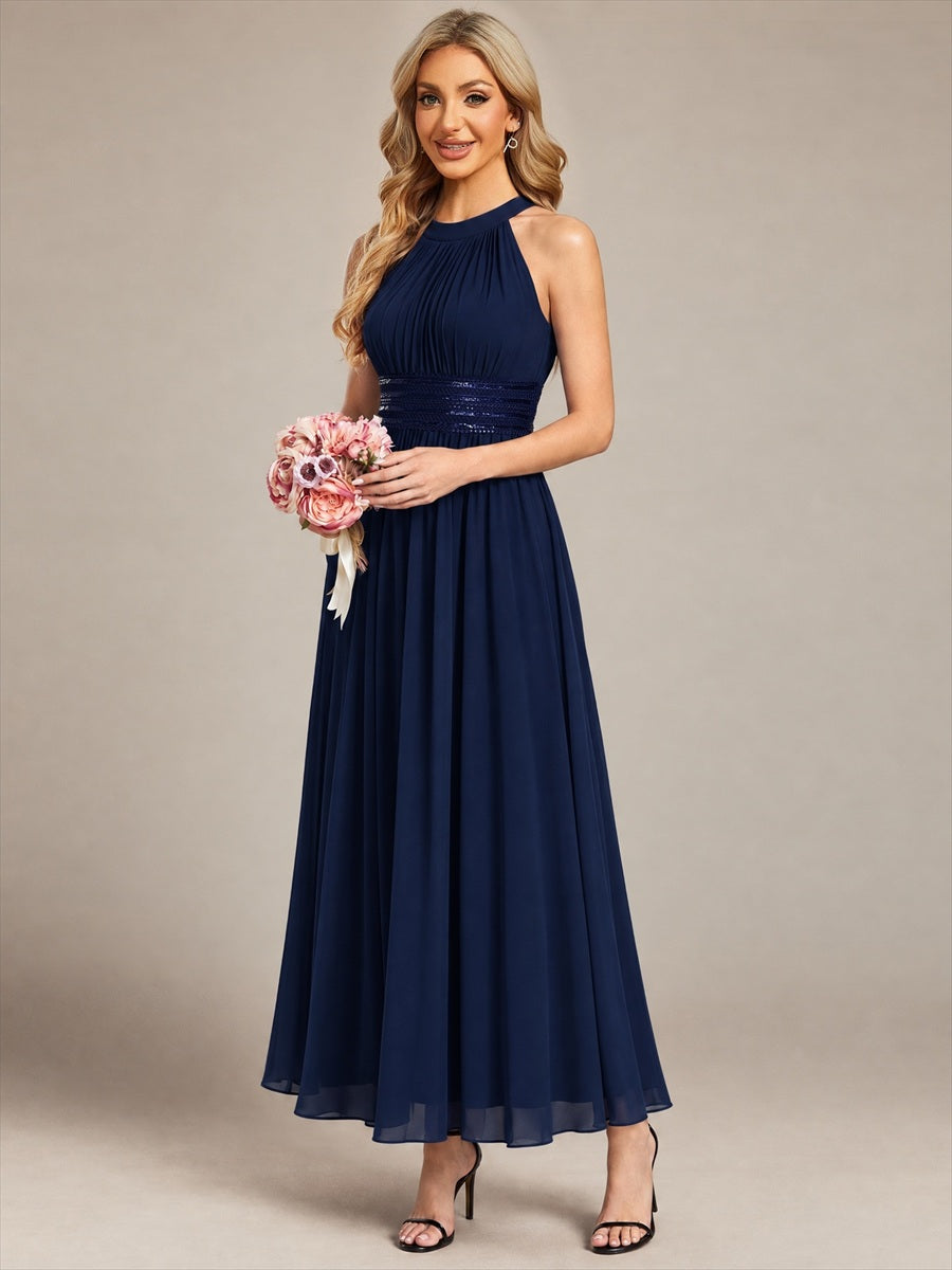 Robe A-Line sans manches à encolure corset en tissu non élastique longueur maxi #Couleur_Bleu Marine