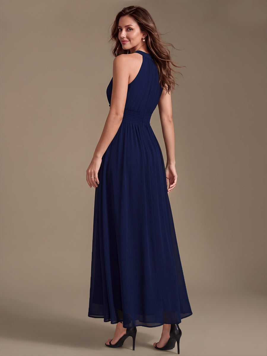 Robe A-Line sans manches à encolure corset en tissu non élastique longueur maxi #Couleur_Bleu Marine