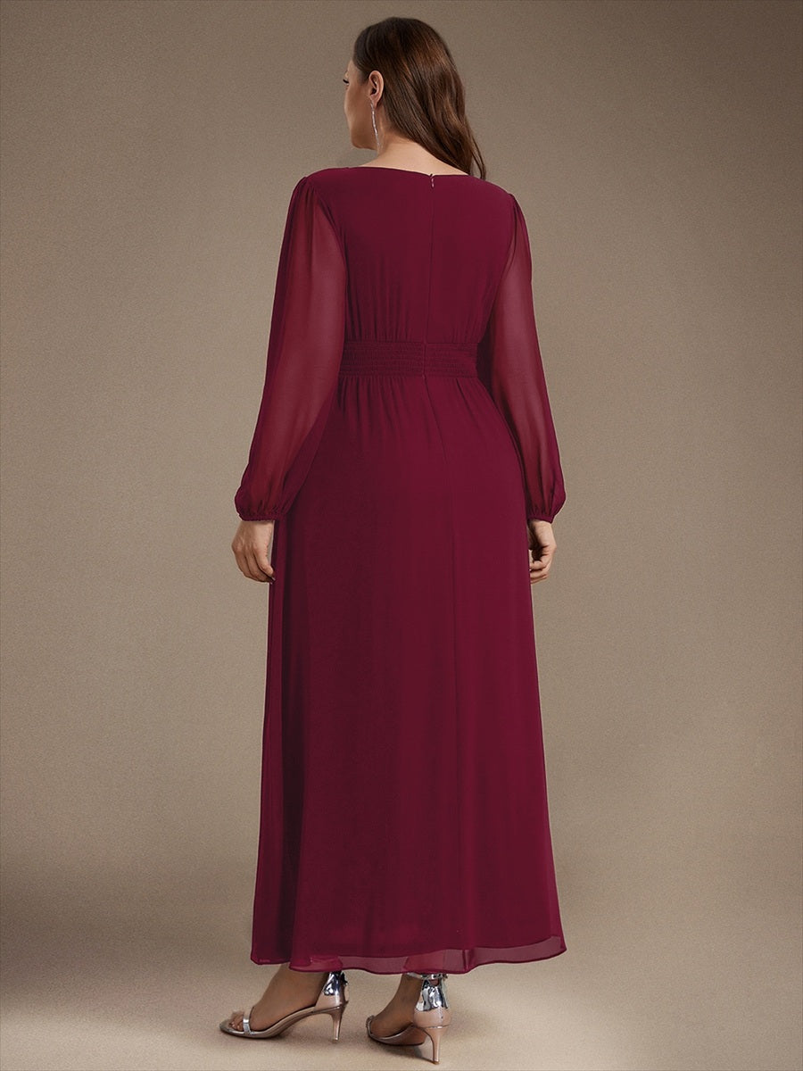 Robe de demoiselle d'honneur en mousseline à manches bouffantes et robe de demoiselle d'honneur #Couleur_Bordeaux
