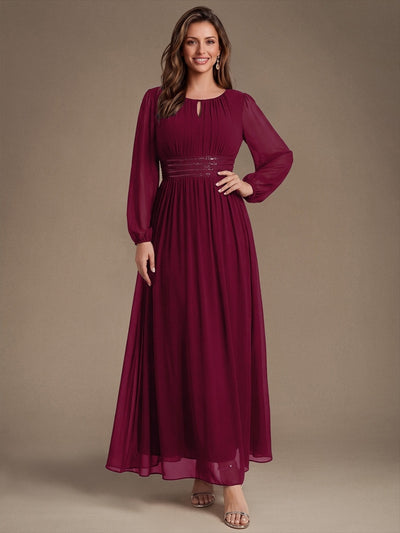 Robe longue de demoiselle d'honneur en mousseline, manches bouffantes et taille à paillettes