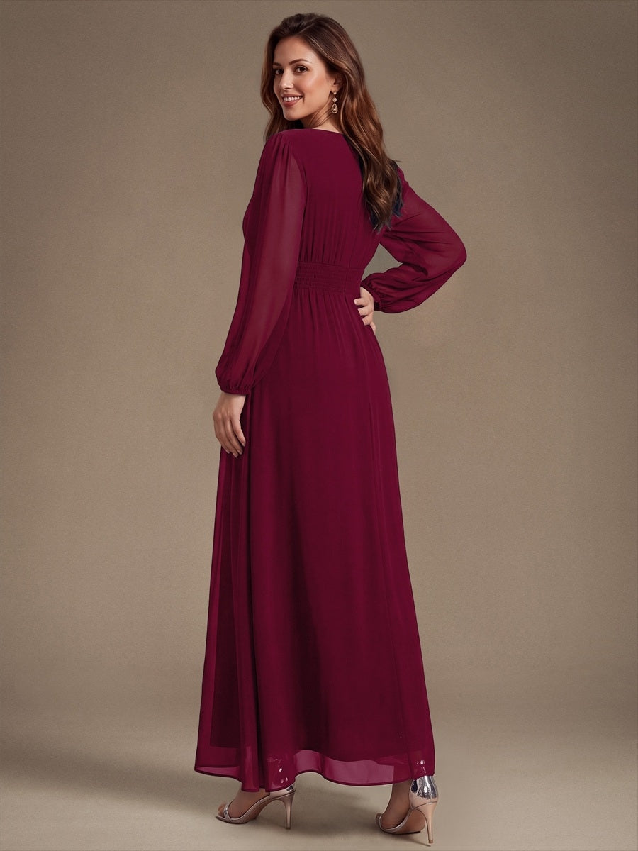 Robe de demoiselle d'honneur en mousseline à manches bouffantes et robe de demoiselle d'honneur #Couleur_Bordeaux