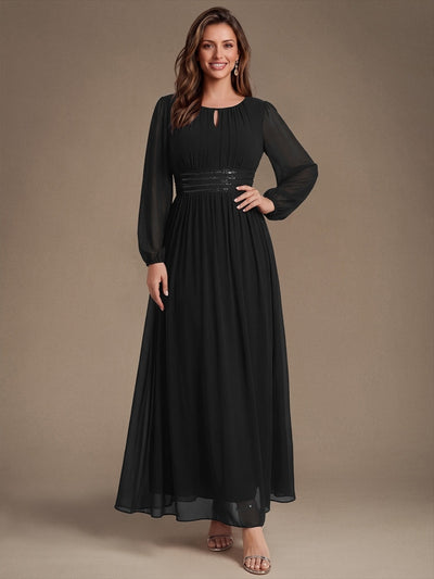 Robe longue de demoiselle d'honneur en mousseline, manches bouffantes et taille à paillettes