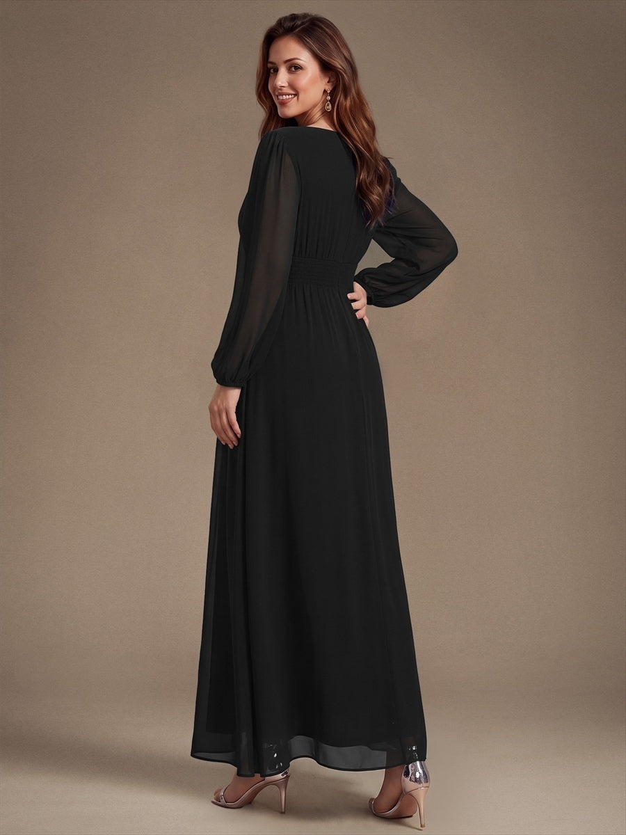 Robe de demoiselle d'honneur en mousseline à manches bouffantes et robe de demoiselle d'honneur #Couleur_Noir