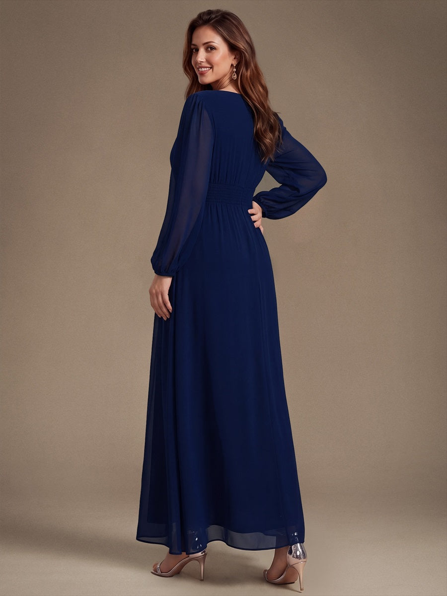 Robe de demoiselle d'honneur en mousseline à manches bouffantes et robe de demoiselle d'honneur #Couleur_Bleu Marine