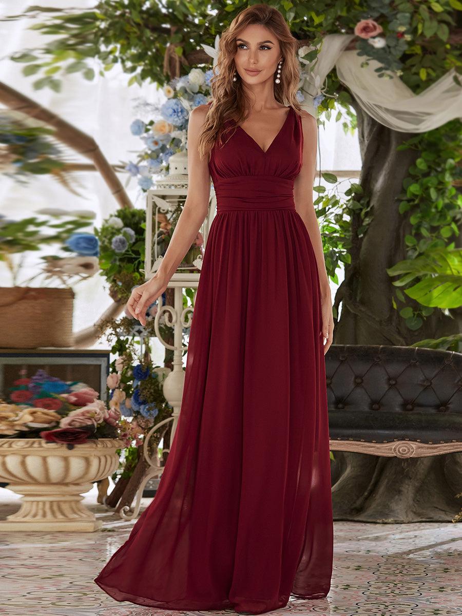 Col V sans manches plissé chiffon robe de soirée #Couleur_Bordeaux