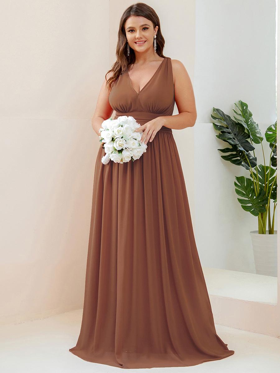 Taille personnalisée Robe de soirée sans manches plissé chiffon #Couleur_Brun