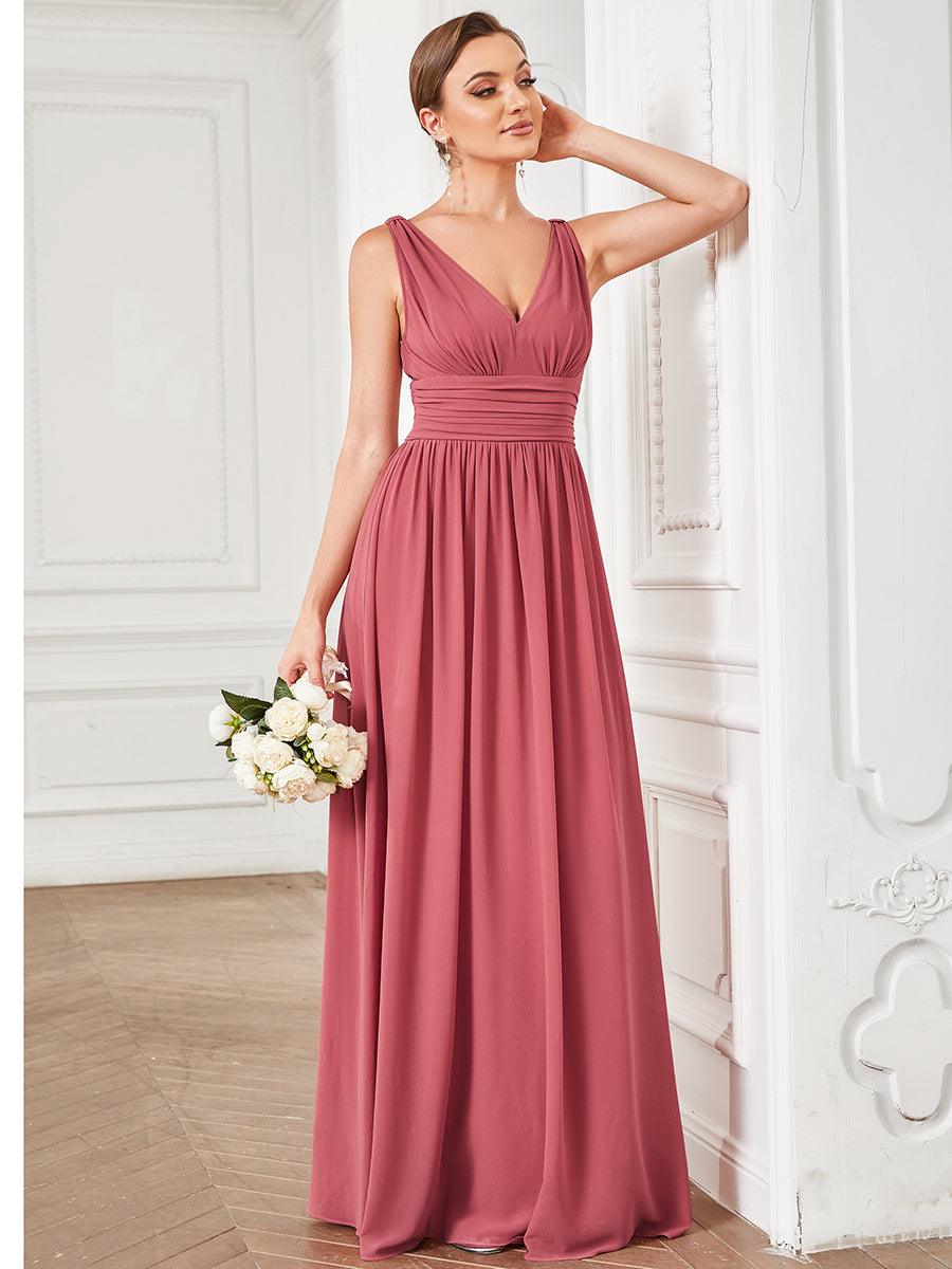 Col V sans manches plissé chiffon robe de soirée #Couleur_Rose corail