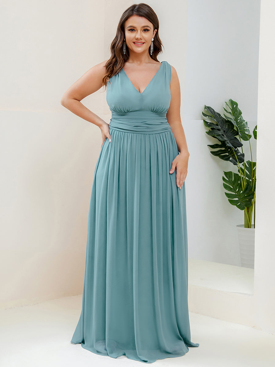 Robe de demoiselle d'honneur en mousseline à col en V #Couleur_Bleu Fume