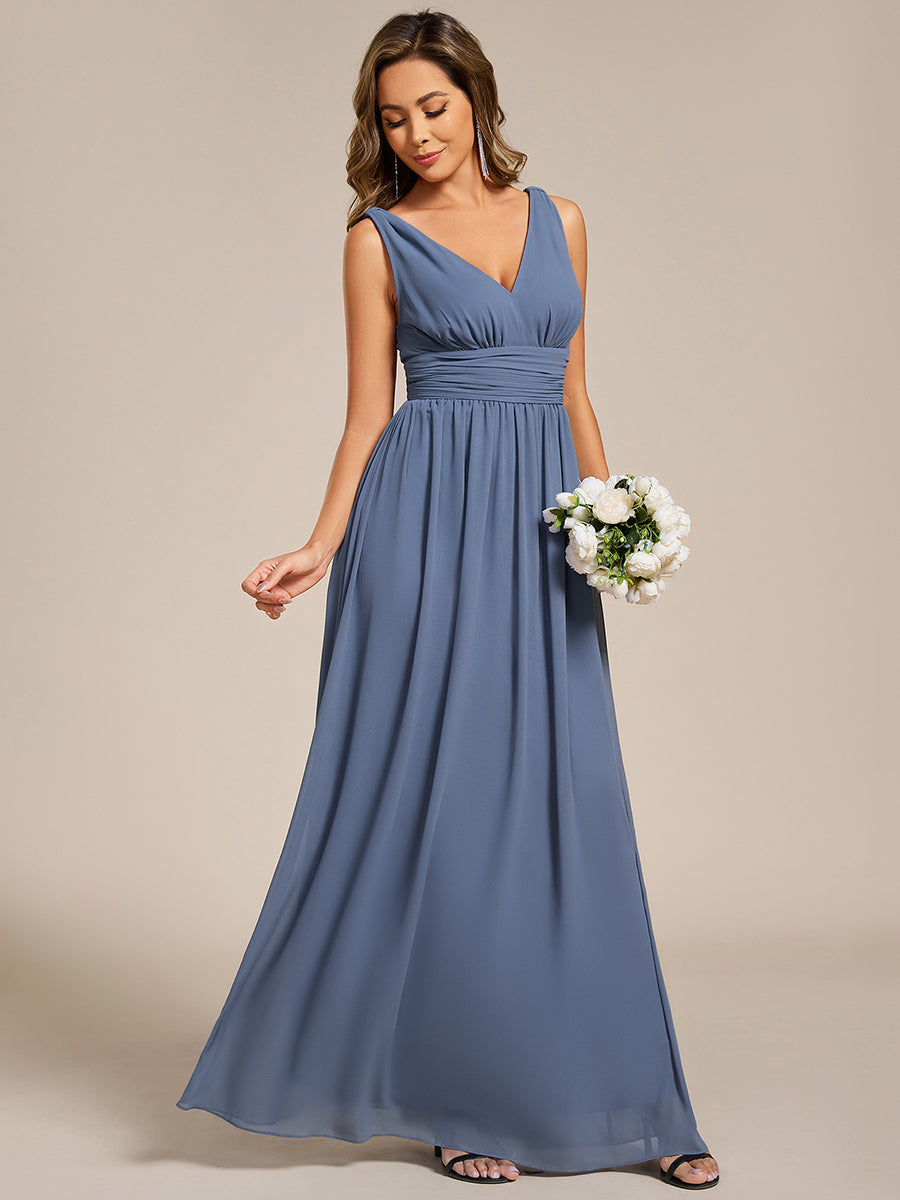 Robe de demoiselle d'honneur en mousseline à col en V #Couleur_Marine Fume