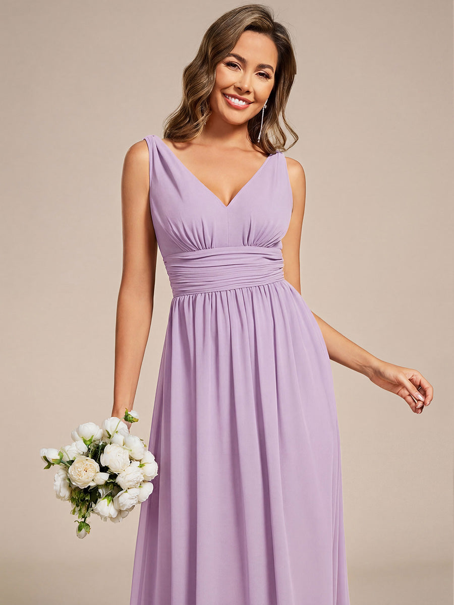 Robe de demoiselle d'honneur en mousseline à col en V #Couleur_Lilas Givré