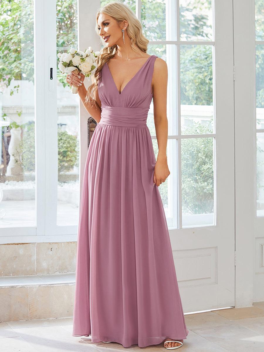 Col V sans manches plissé chiffon robe de soirée #Couleur_Orchidee