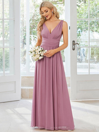ever HUSH|Robe de demoiselle d'honneur longue en mousseline à col en V et coupe trapèze