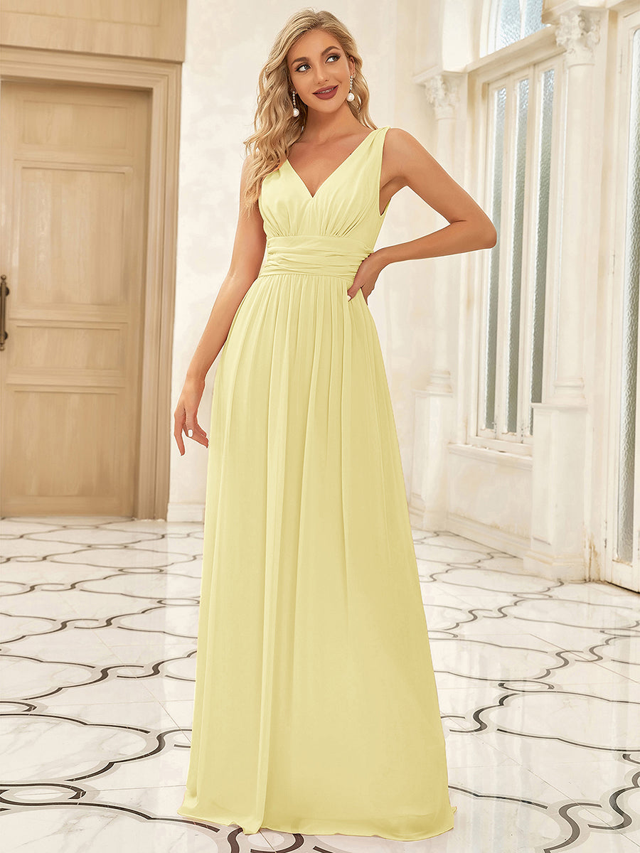 Robe de demoiselle d'honneur en mousseline à col en V #Couleur_Jaune