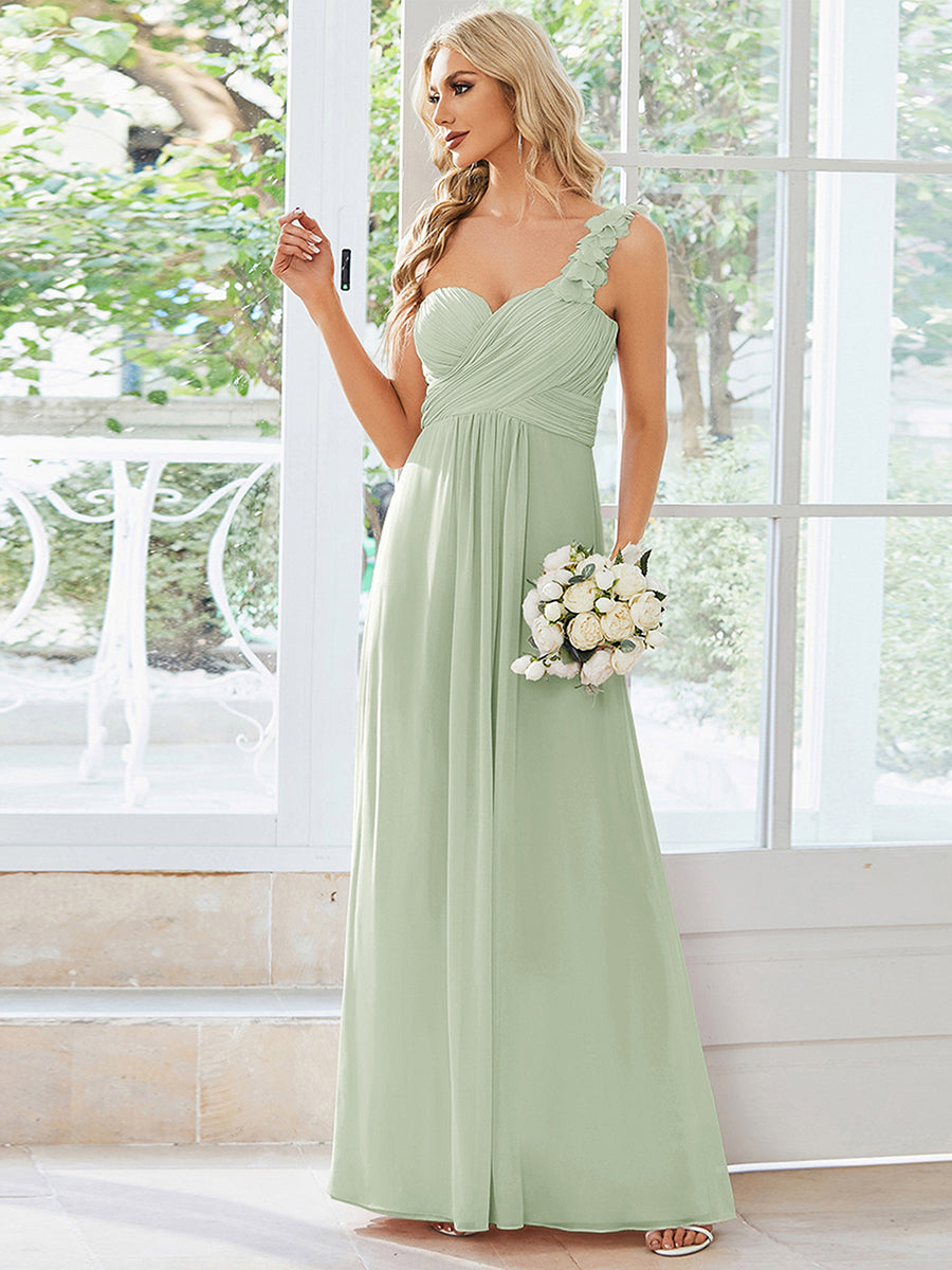 Robe de demoiselle d'honneur longue à une épaule et coupe trapèze #Couleur_Menthe Verte