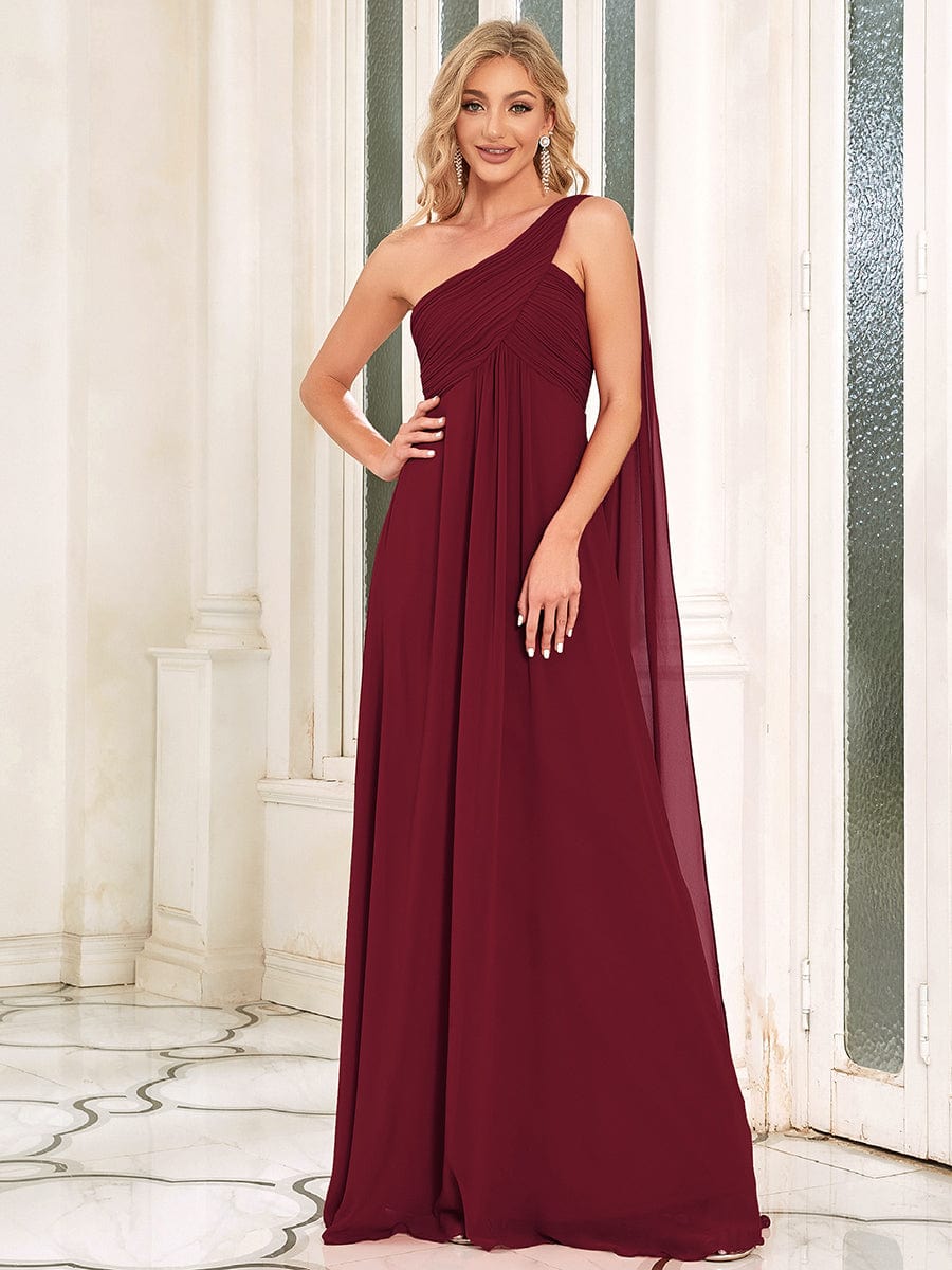 Robe D'invité De Mariage En Mousseline De Soie Mi-Longue Plissée à Manches à Volants Et Col En V  #Couleur_Bordeaux