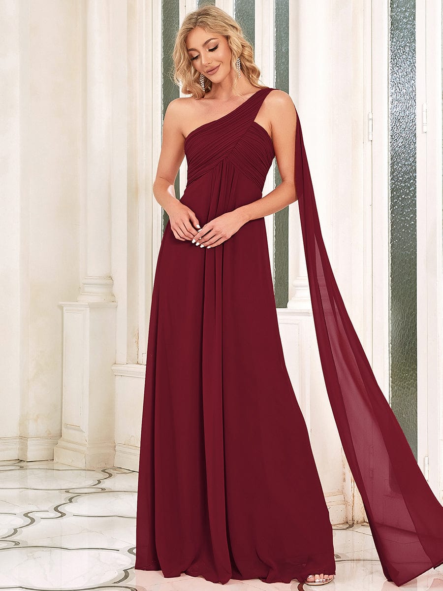 Robe D'invité De Mariage En Mousseline De Soie Mi-Longue Plissée à Manches à Volants Et Col En V  #Couleur_Bordeaux