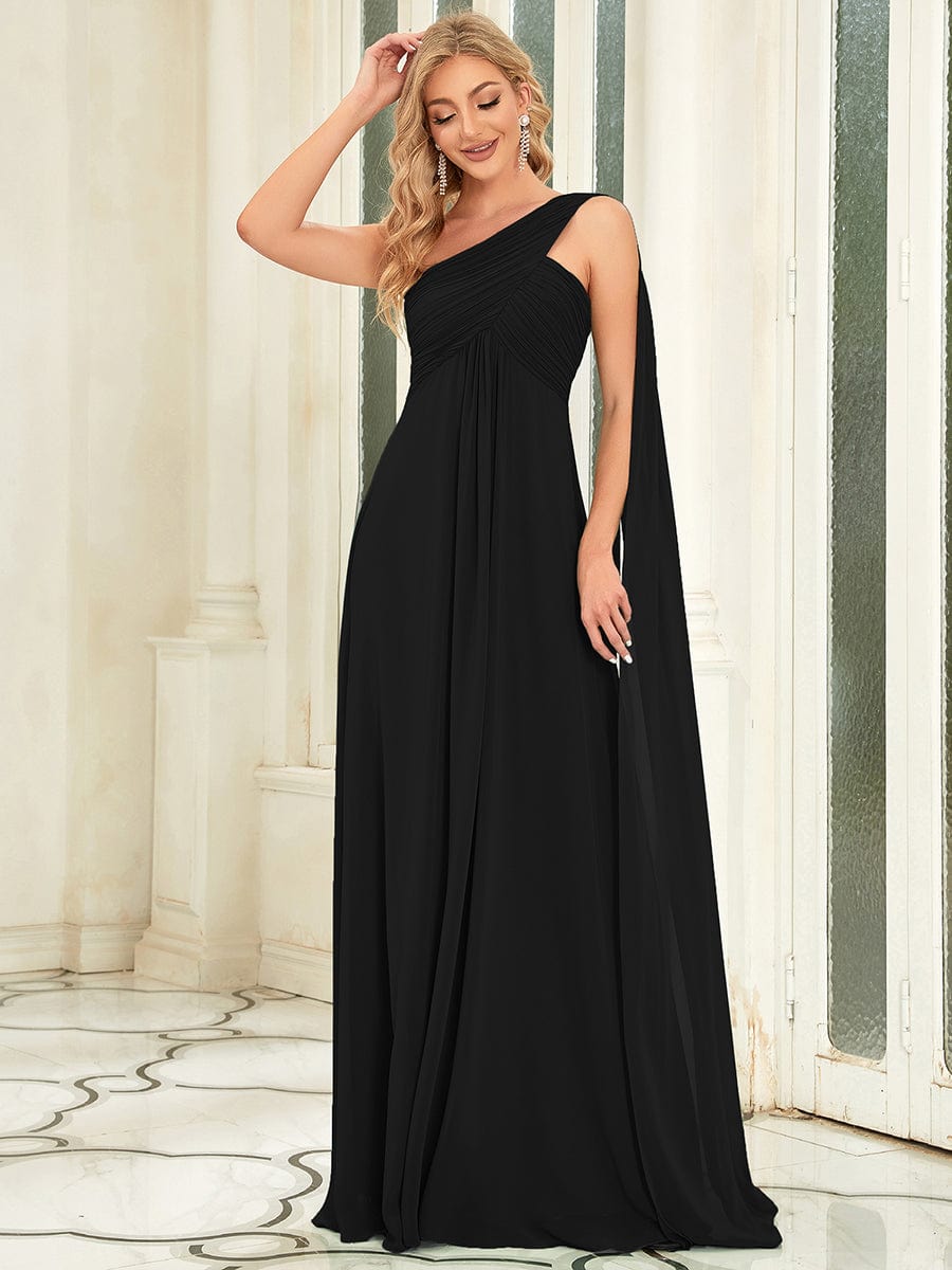Robe D'invité De Mariage En Mousseline De Soie Mi-Longue Plissée à Manches à Volants Et Col En V  #Couleur_Noir