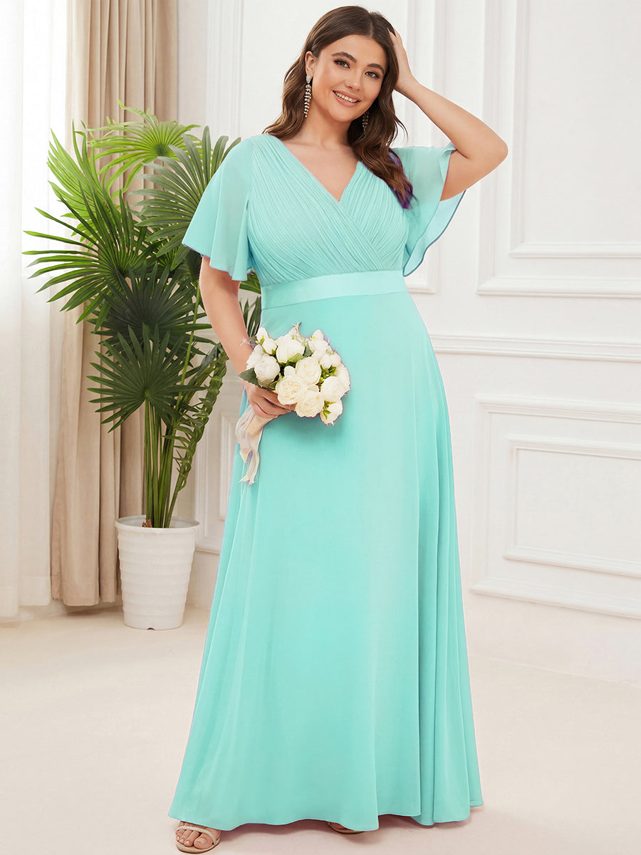 Robe mariage invitée fluide élégante en mousseline à taille haute #Couleur_Bleu pastel