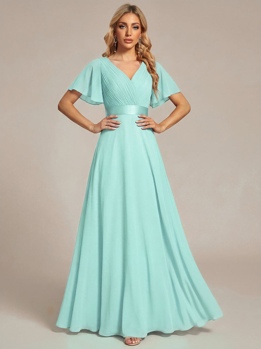 Robe mariage invitée fluide élégante en mousseline à taille haute #Couleur_Bleu pastel