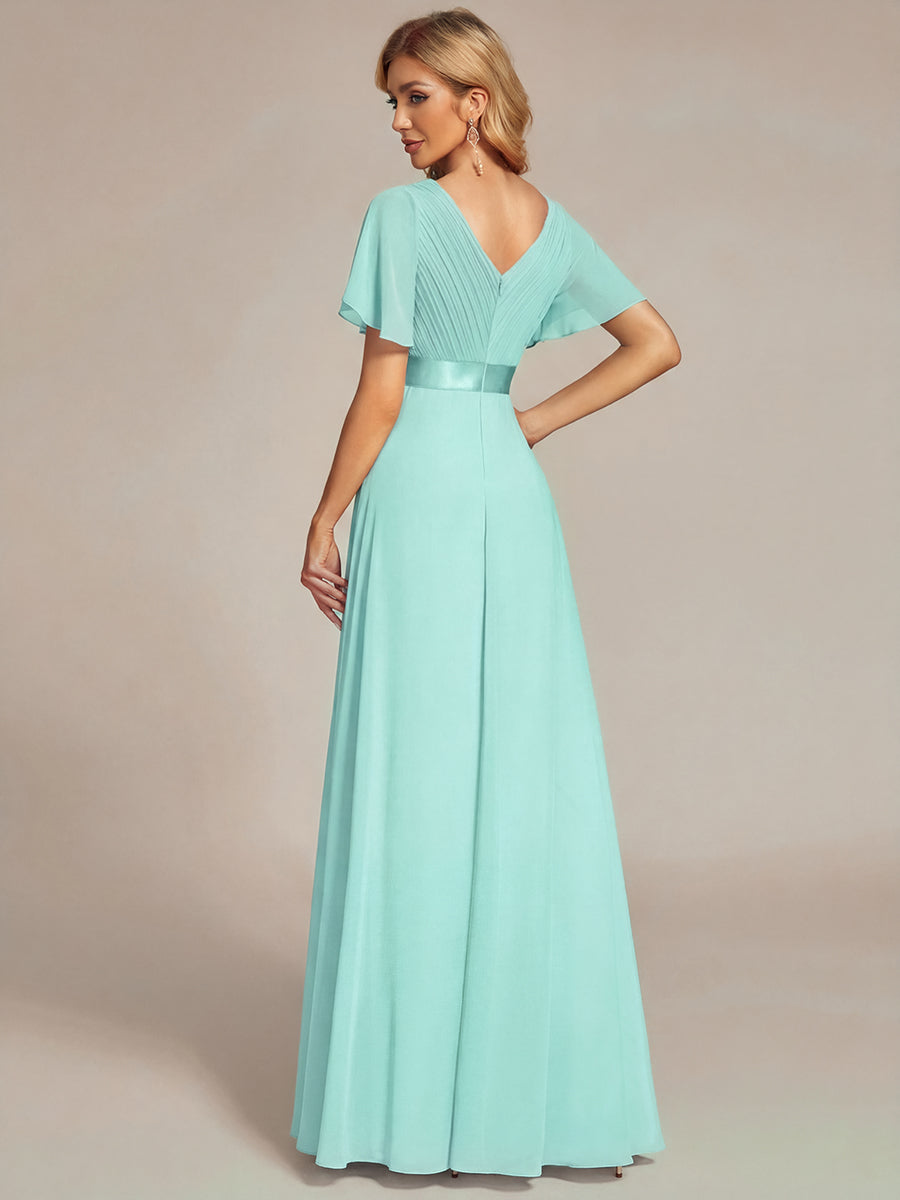 Robe mariage invitée fluide élégante en mousseline à taille haute #Couleur_Bleu pastel