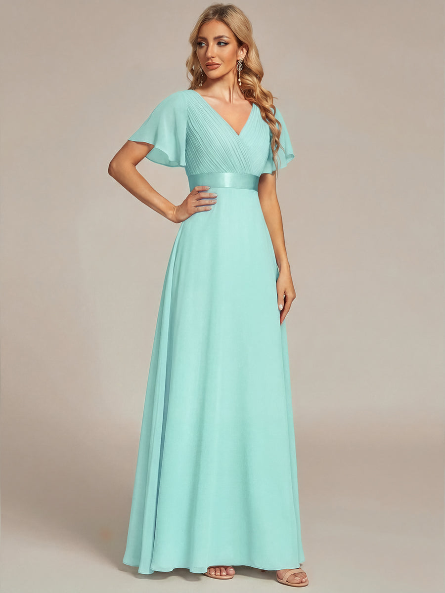 Robe mariage invitée fluide élégante en mousseline à taille haute #Couleur_Bleu pastel