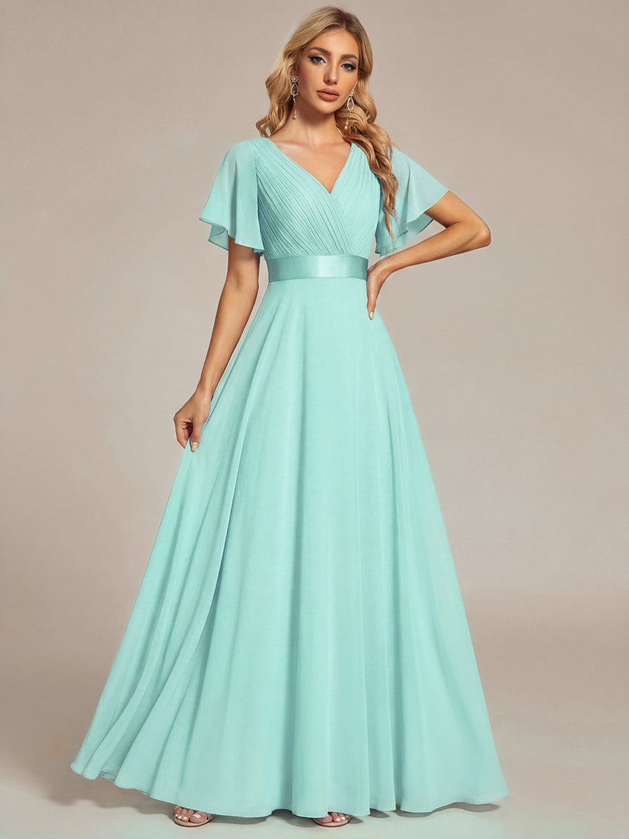 Robe mariage invitée fluide élégante en mousseline à taille haute #Couleur_Bleu pastel