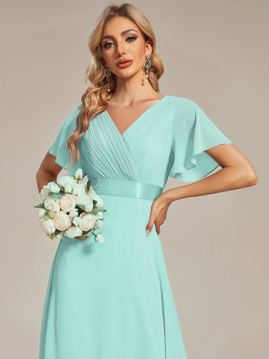 Robe mariage invitée fluide élégante en mousseline à taille haute #Couleur_Bleu pastel