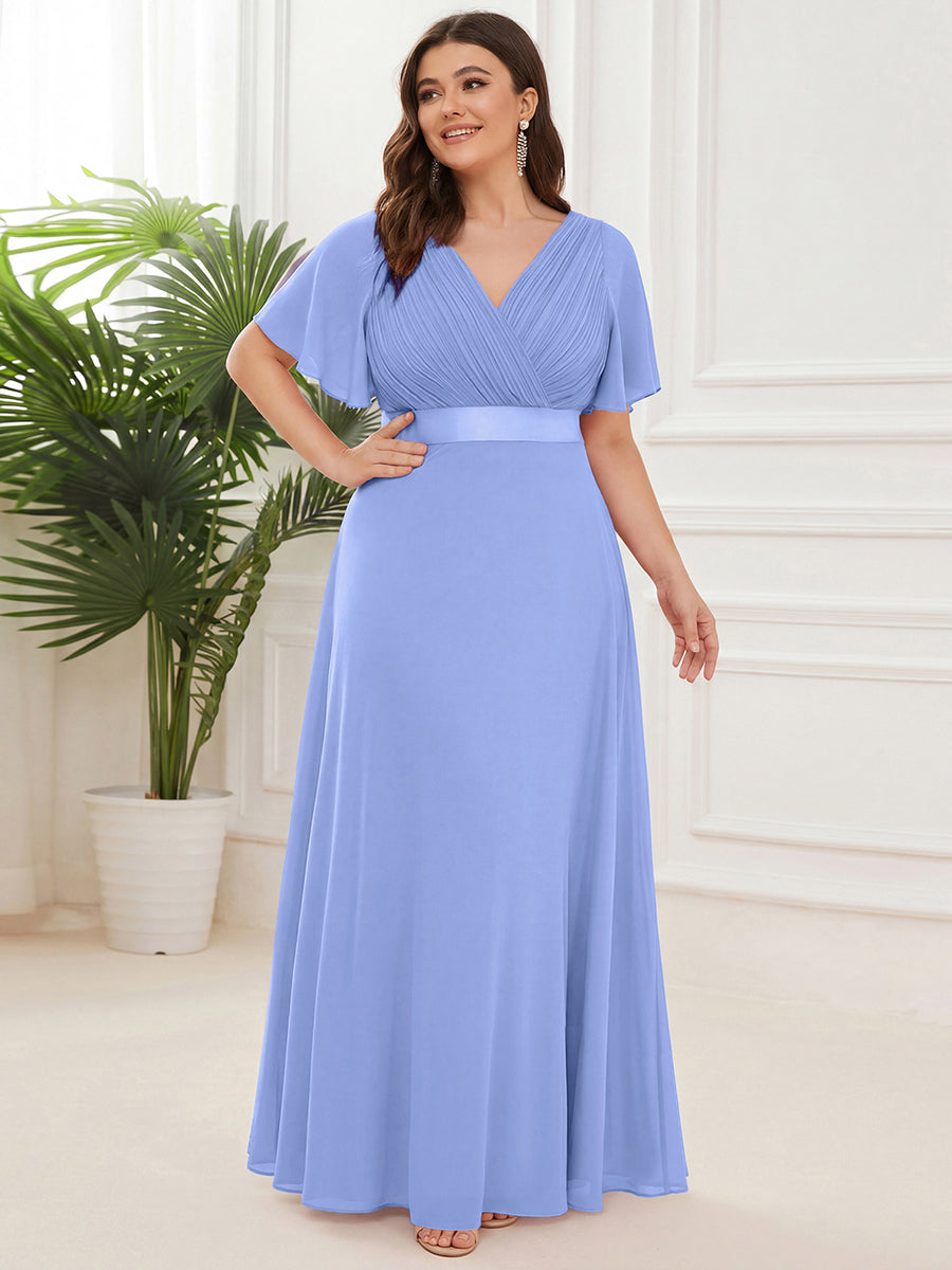 Robe mariage invitée fluide élégante en mousseline à taille haute #Couleur_Bleu Bleuet
