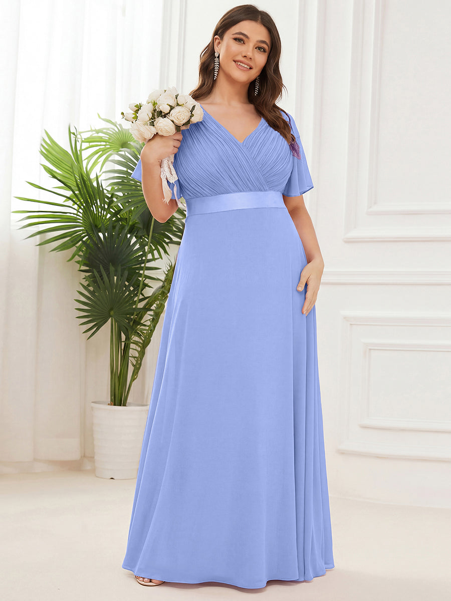 Robe mariage invitée fluide élégante en mousseline à taille haute #Couleur_Bleu Bleuet