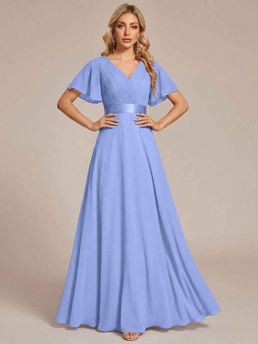Robe mariage invitée fluide élégante en mousseline à taille haute #Couleur_Bleu Bleuet