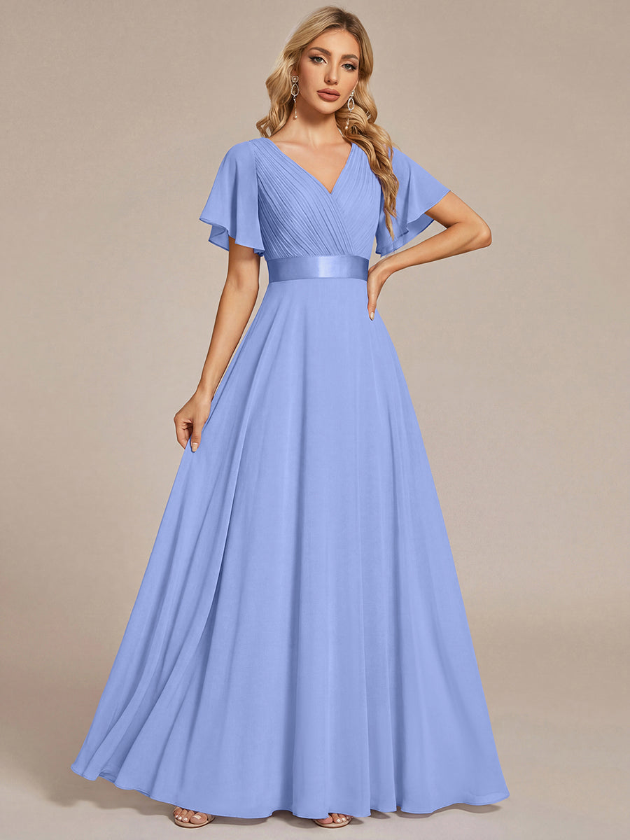 Robe mariage invitée fluide élégante en mousseline à taille haute #Couleur_Bleu Bleuet