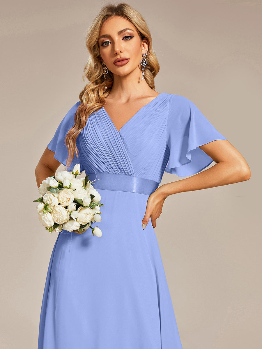 Robe mariage invitée fluide élégante en mousseline à taille haute #Couleur_Bleu Bleuet