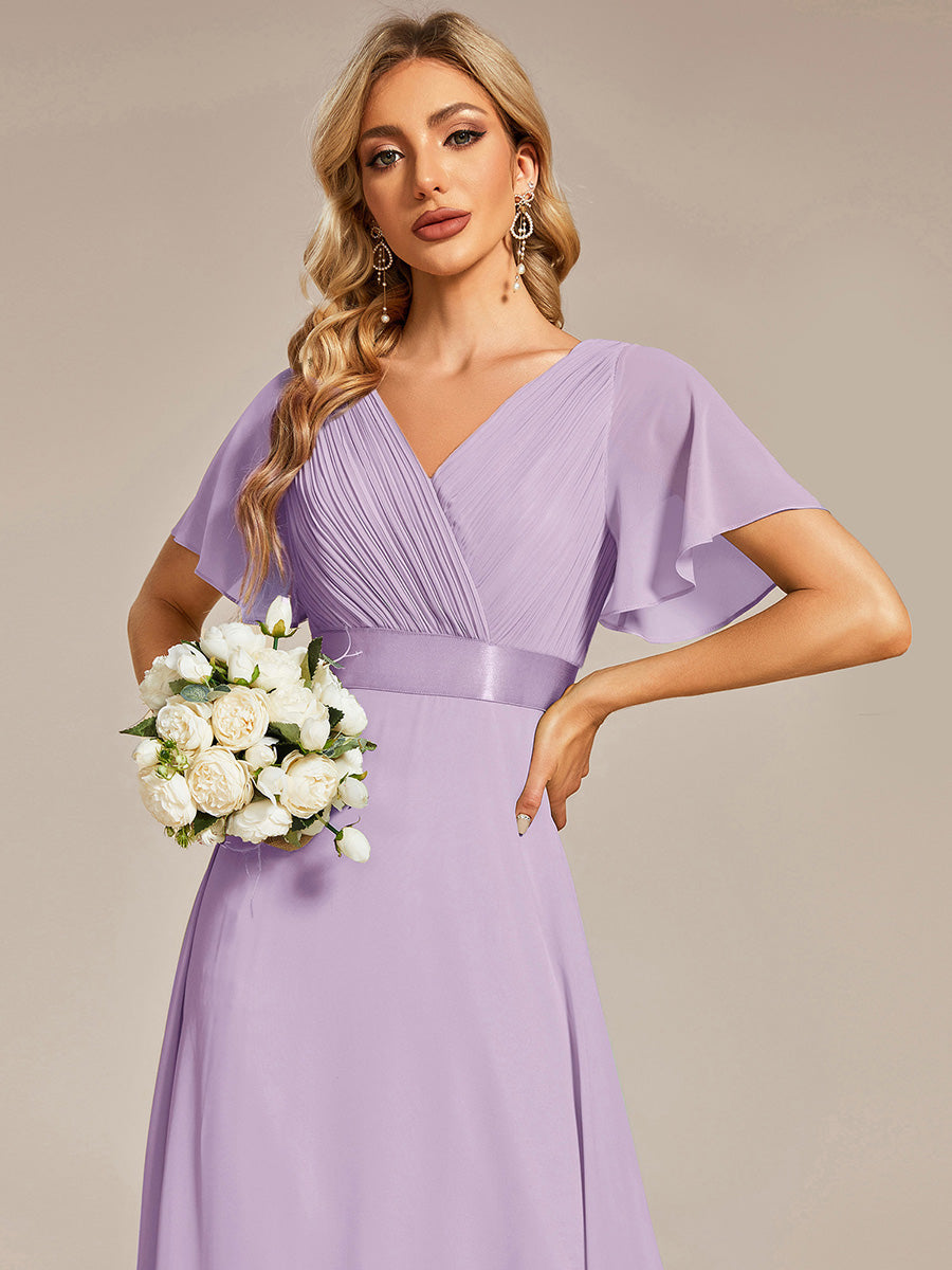 Robe mariage invitée fluide élégante en mousseline à taille haute #Couleur_Lilas Givré
