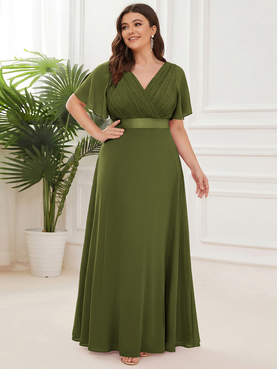 Robe mariage invitée fluide élégante en mousseline à taille haute #Couleur_Vert Olive