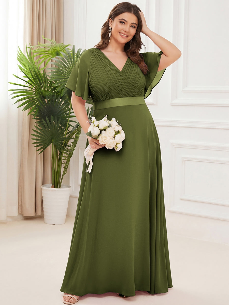Robe mariage invitée fluide élégante en mousseline à taille haute #Couleur_Vert Olive