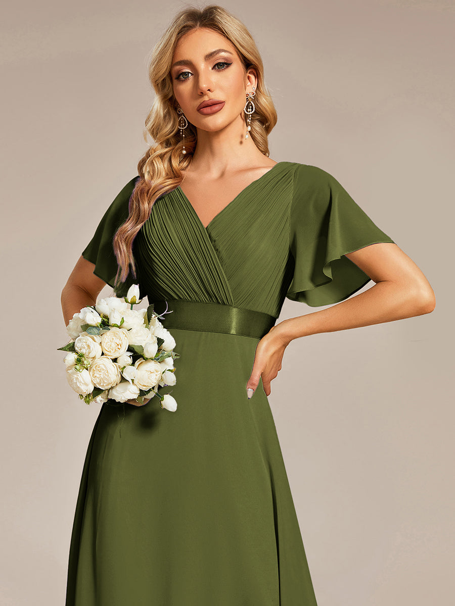 Robe mariage invitée fluide élégante en mousseline à taille haute #Couleur_Vert Olive