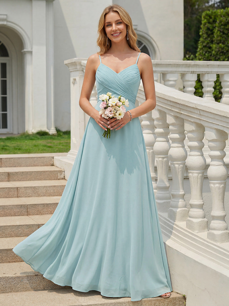 Robe de demoiselle d'honneur drapée au dos avec décolleté en cœur #Couleur_Bleu Ciel
