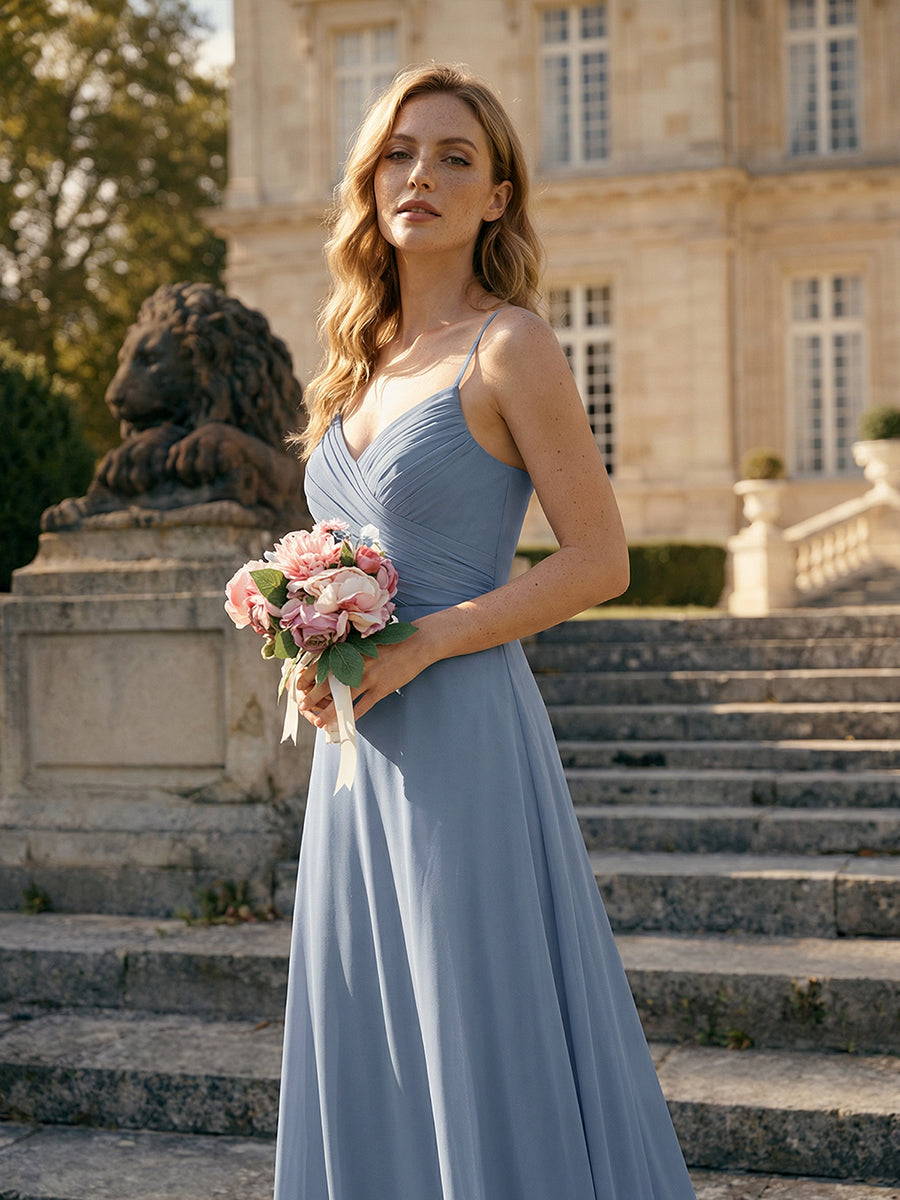 Robe de demoiselle d'honneur drapée au dos avec décolleté en cœur #Couleur_Bleu Ardoise