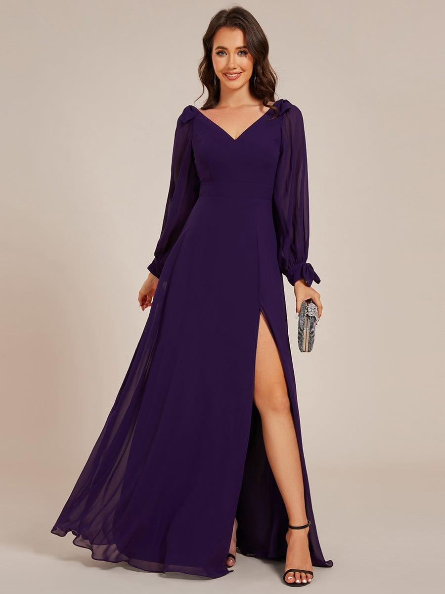 Robe invitée mariage à manches fendues et dos nu #Couleur_Violet Fonce