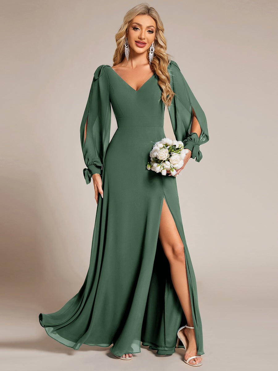 Robe de demoiselle d'honneur à manches fendues et dos nu #Couleur_Eucalyptus